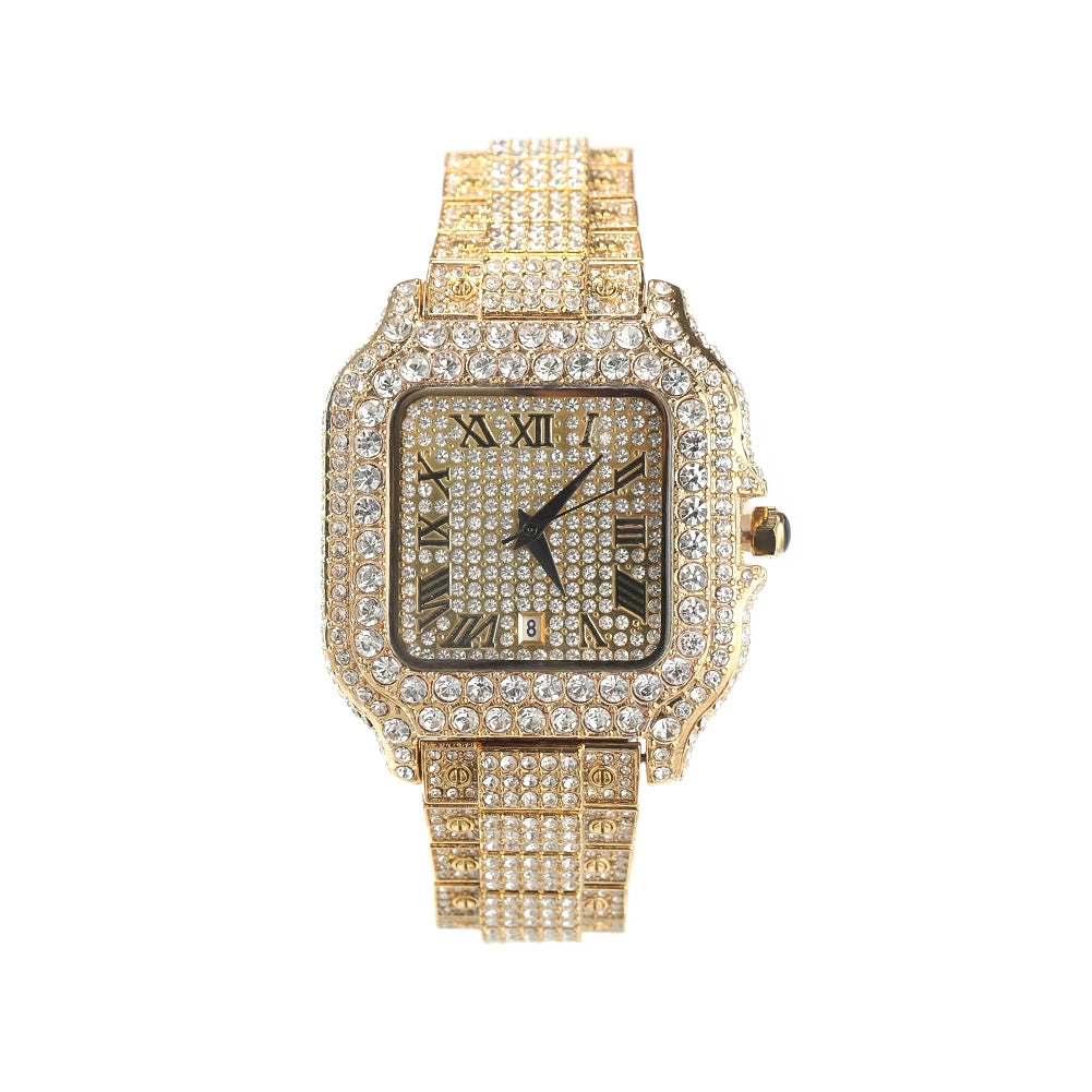 THE BLING KING Iced Out Men's Square Watches Full Micro Paved Round Cut Rhinestone Big Quartz Watches For Women Luxury Jewelry