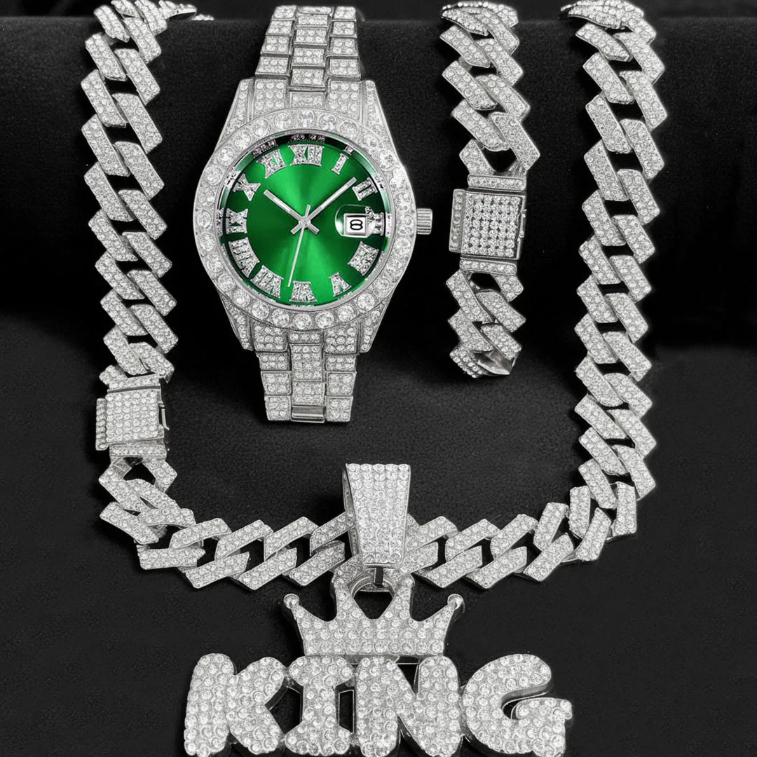 3PC Mens Iced Out Watch with Diamond Dial and Matching Iced Out Nugget Bracelet Necklace -14k Gold Tone Silver Gold Jewelry Sets