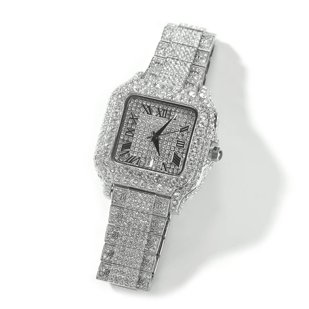 THE BLING KING Iced Out Men's Square Watches Full Micro Paved Round Cut Rhinestone Big Quartz Watches For Women Luxury Jewelry