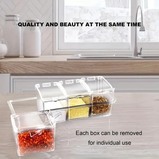 Four Compartment Transparent Seasoning Box with Spoon Lid and Storage Base, Salt, Sugar, MSG Four in One Storage Container