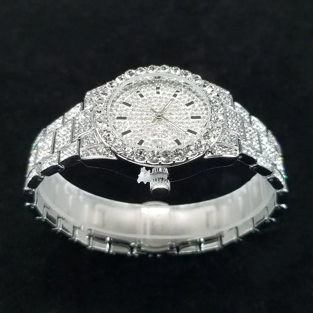 Elegant Diamond Watches Female Fashion Silver Round Stainless Steel Quartz Watch Iced Out Shiny Waterproof Clock Gift for Women