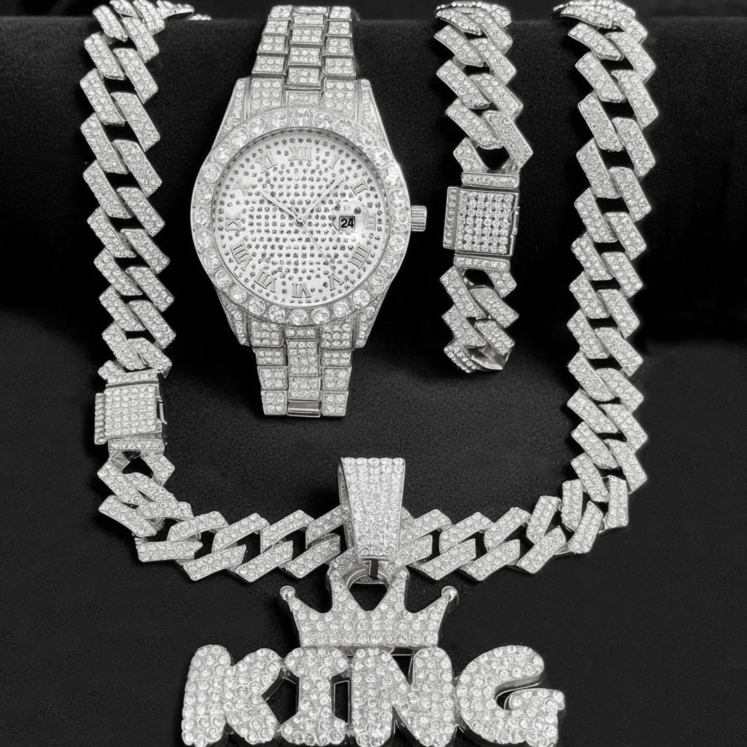 3PC Mens Iced Out Watch with Diamond Dial and Matching Iced Out Nugget Bracelet Necklace -14k Gold Tone Silver Gold Jewelry Sets