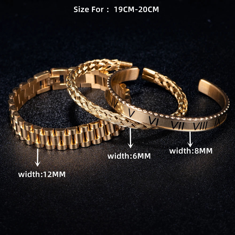 Luxury Roman Number Charm Cuff Bracelet Gold Color Chain Bracelet Stainless Steel Watch Hip Hop Men Royal Jewelry