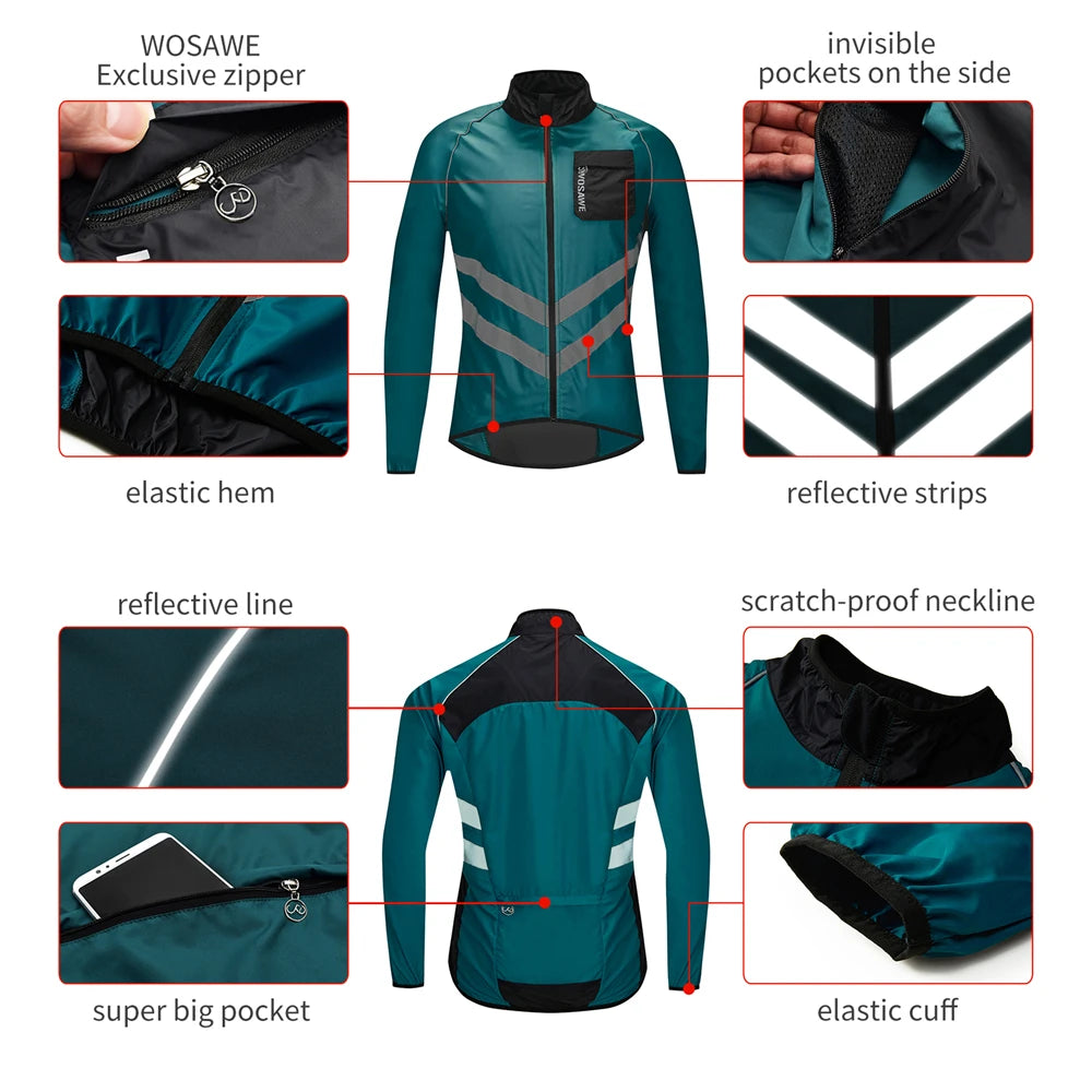 WOSAWE Windproof Cycling Jacket MTB Bike Jersey Outdoor Sport Cycling Windbreaker Rainproof Reflective Bike Clothing Navy Blue