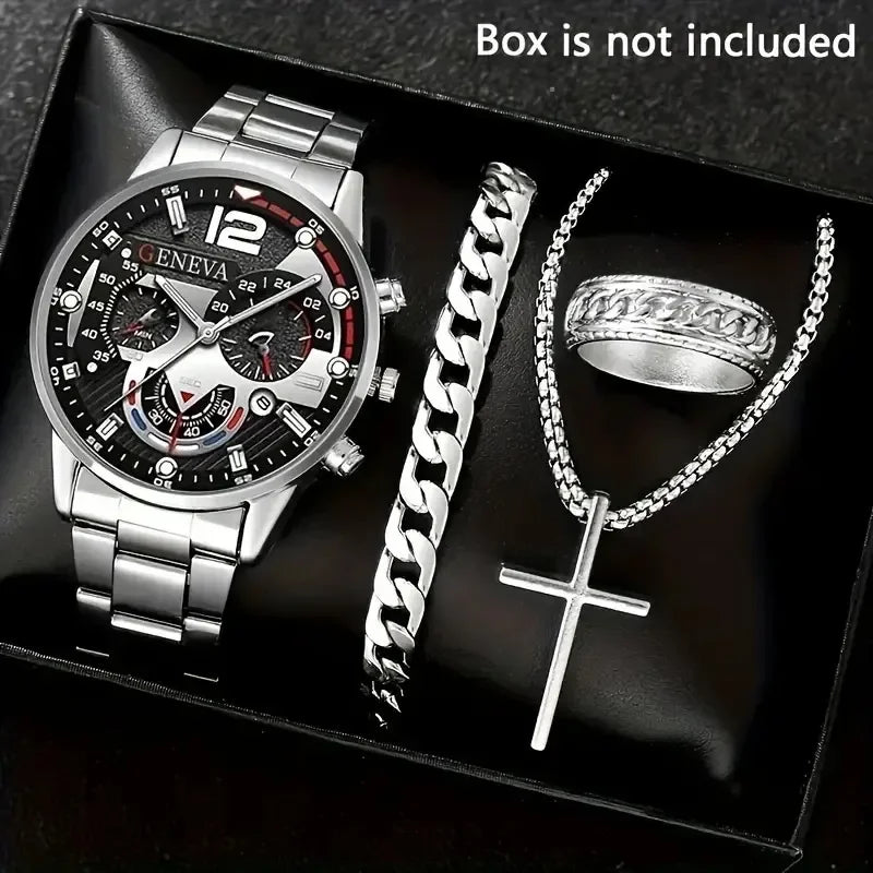4Pcs/set Luxury Men Business Quartz Watch stainless steel Roman Calendar Wrist Watch Cross Necklace Bracelet Ring Set Men's Gift