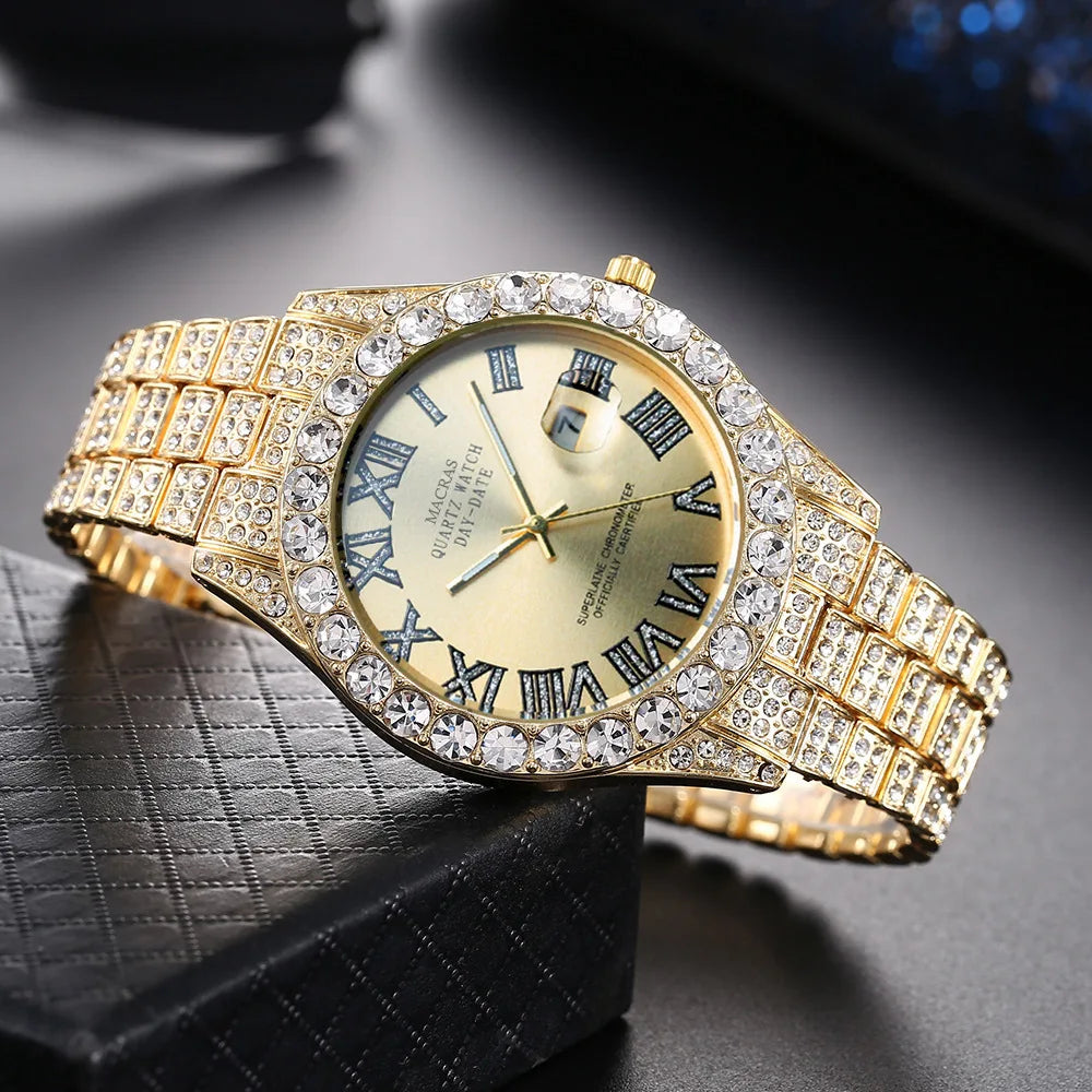 HHIOK Custom Diamond Wristwatch for Men, RGB Roman Dial Fully Iced-Out Quartz Watch, 18K Gold Plated Shockproof
