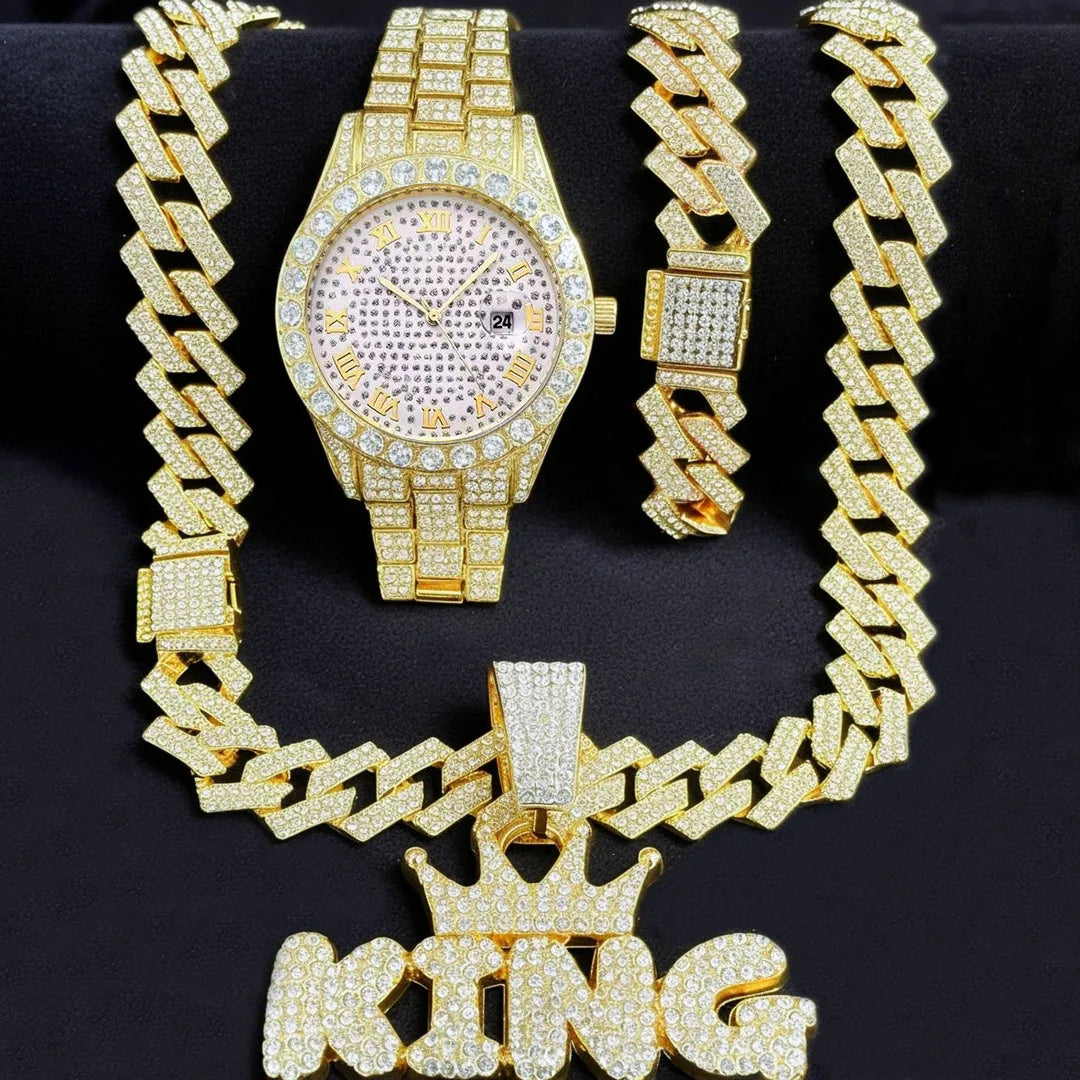 3PC Mens Iced Out Watch with Diamond Dial and Matching Iced Out Nugget Bracelet Necklace -14k Gold Tone Silver Gold Jewelry Sets