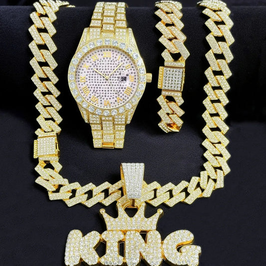 3PC Mens Iced Out Watch with Diamond Dial and Matching Iced Out Nugget Bracelet Necklace -14k Gold Tone Silver Gold Jewelry Sets