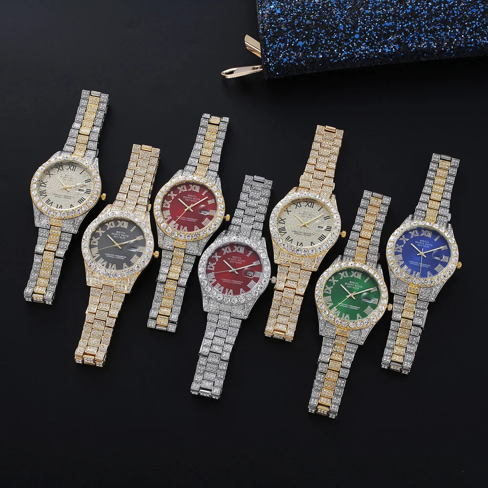 HHIOK Custom Diamond Wristwatch for Men, RGB Roman Dial Fully Iced-Out Quartz Watch, 18K Gold Plated Shockproof