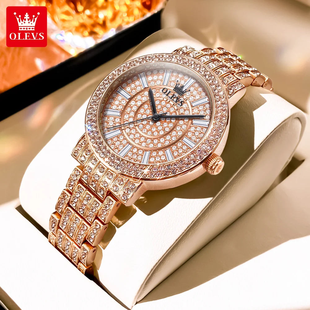 OLEVS 9904 Women Watchs Original Fashion Band Quartz Wristwatch Waterproof Luminous Diamond Dial Bezel Ladies Watch Reloj