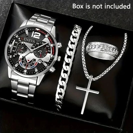 4Pcs/set Luxury Men Business Quartz Watch stainless steel Roman Calendar Wrist Watch Cross Necklace Bracelet Ring Set Men's Gift