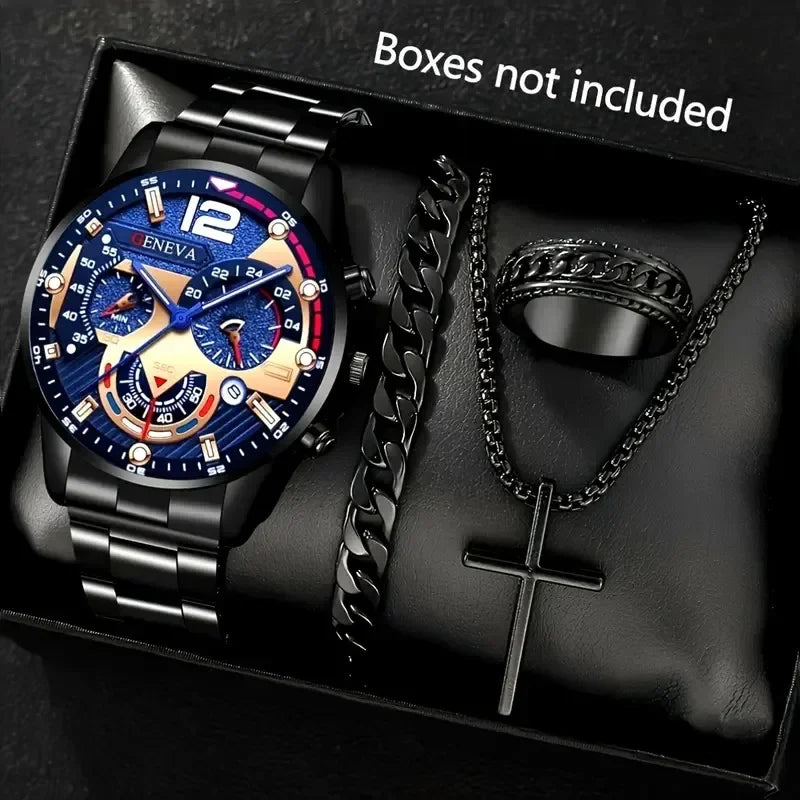 4Pcs/set Luxury Men Business Quartz Watch stainless steel Roman Calendar Wrist Watch Cross Necklace Bracelet Ring Set Men's Gift