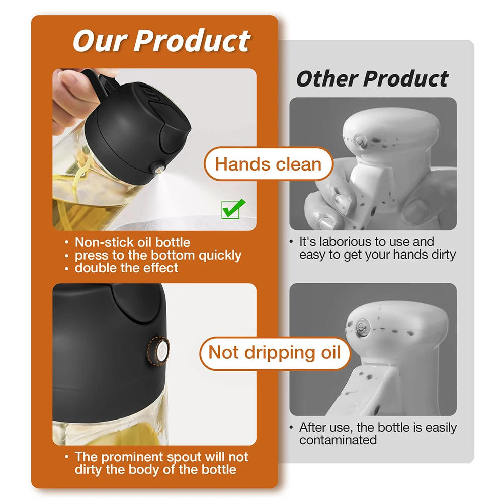 2 in 1 Olive Oil Dispenser Sprayer Glass Bottle - Food Grade Kitchen Tool for Cooking Salad BBQ Air Fryer Baking Frying Picnic