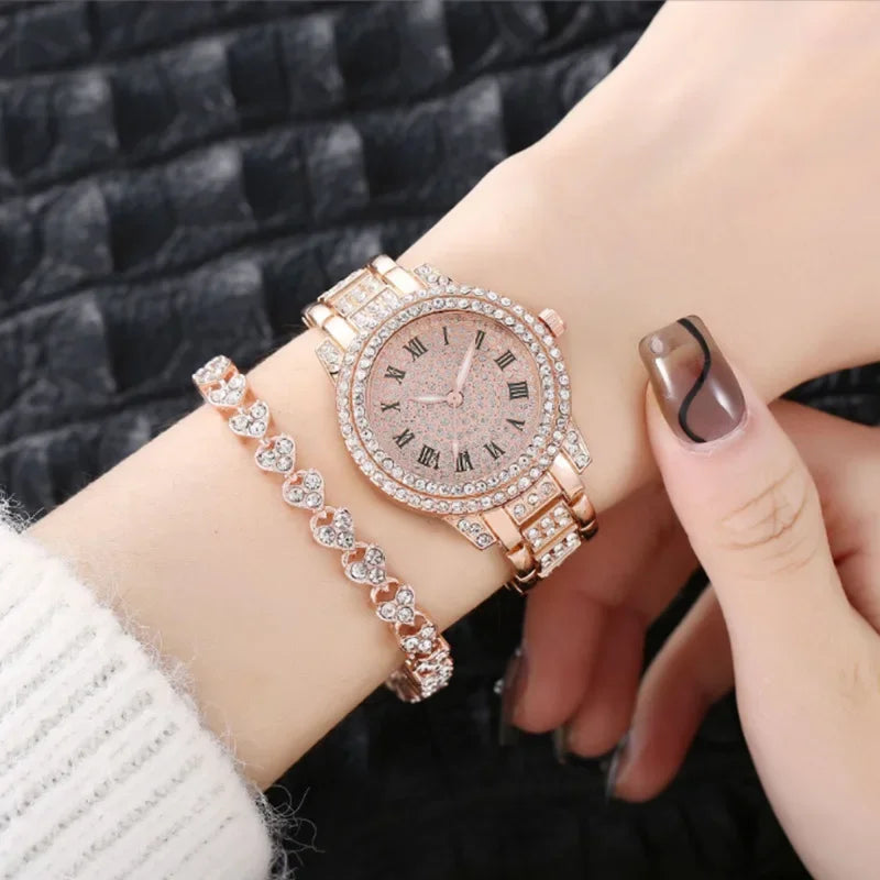 Shiny Diamond Watch Bracelets Set Women Fashion Rose Gold Quartz Watch Girls Luxury Brand Rhinestone Casual Clock Jewelry Gifts