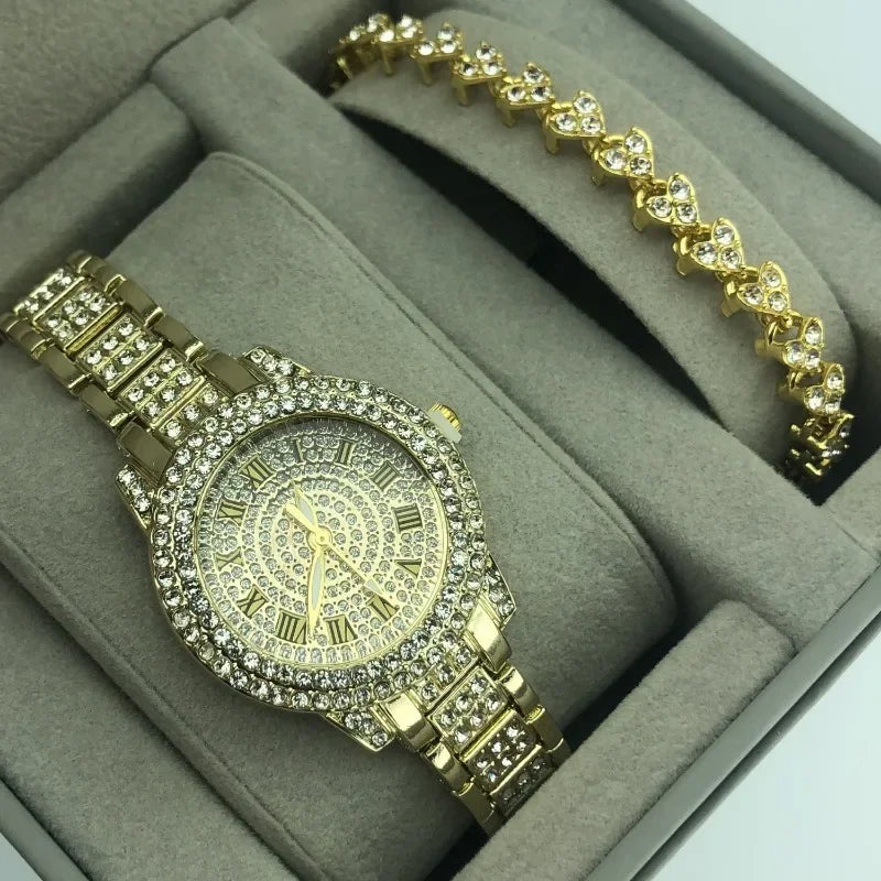 Shiny Diamond Watch Bracelets Set Women Fashion Rose Gold Quartz Watch Girls Luxury Brand Rhinestone Casual Clock Jewelry Gifts