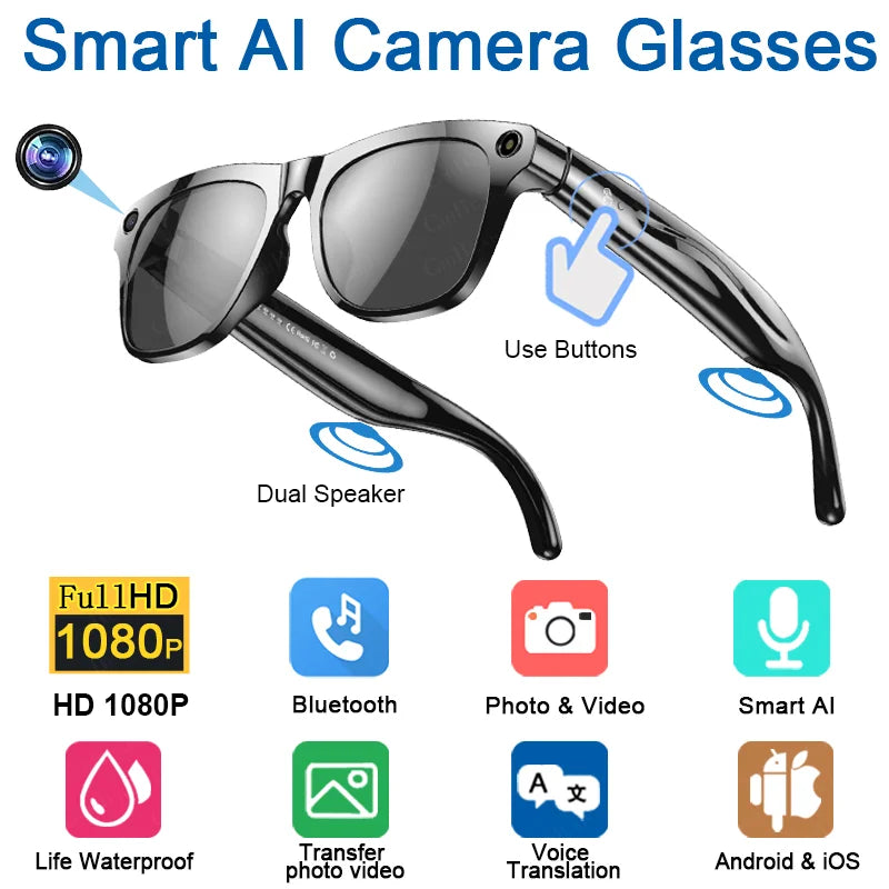 4K AI Smart Glasses With 100MP Camera Chat GPT Touch Sport Sunglasses Bluetooth Call Video Music Player For Men Women