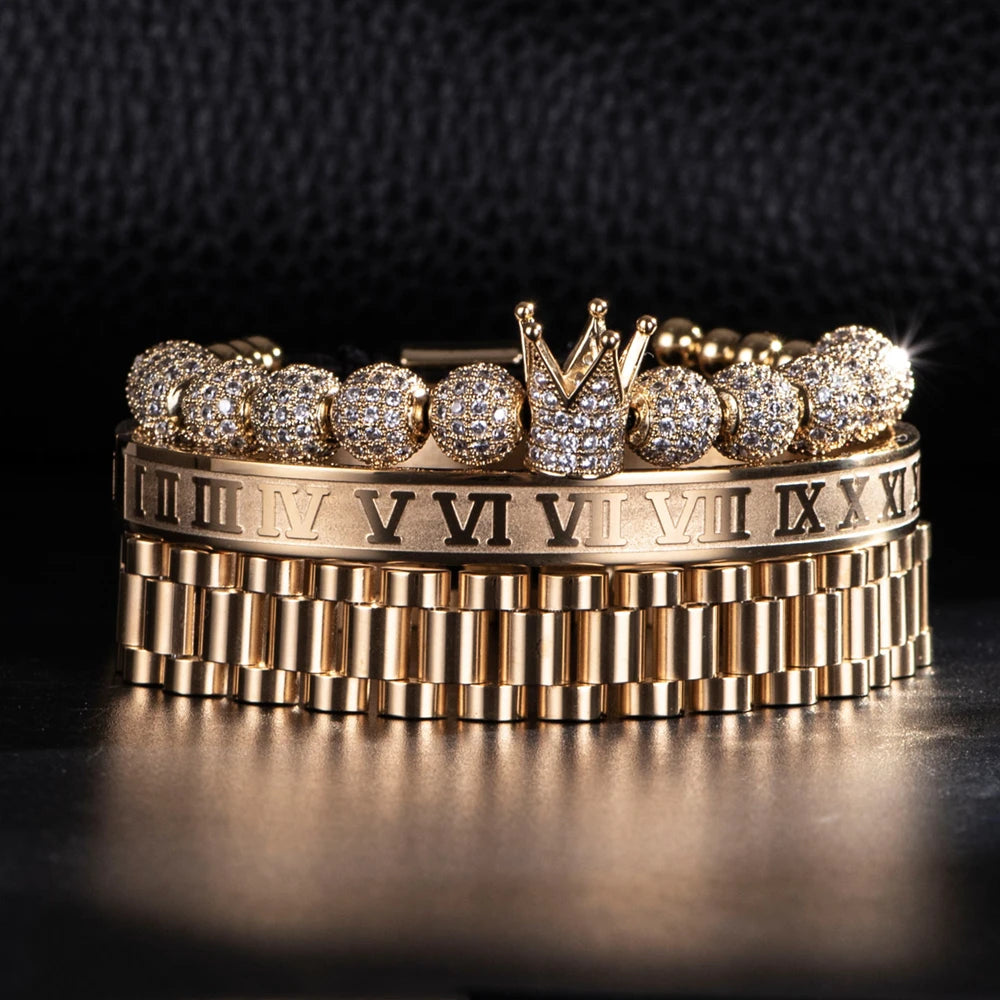 3pcs Luxury Micro Pave CZ Crown Roman Numeral Bracelet  Watch Band Stainless Steel Dudes Rollie Macrame Wristbands Men Jewelry