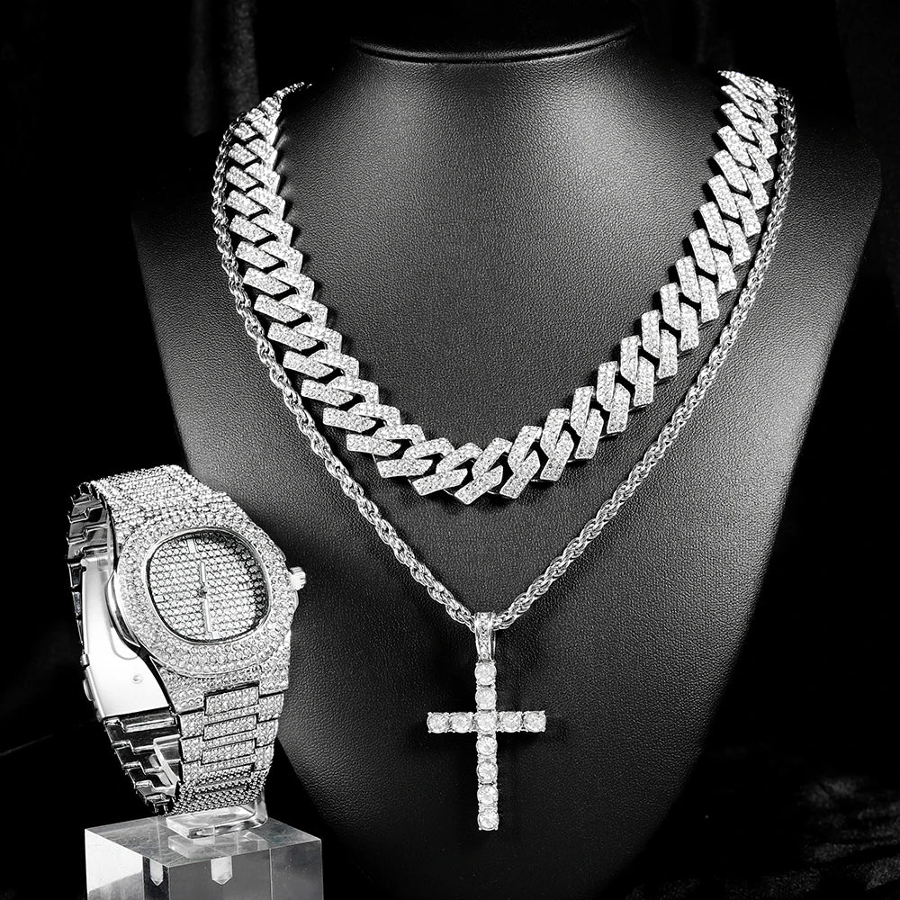 4pcs Hip-hop Jewelry Set Stylish Ice Out Inlay Diamonds Watch Punk Trend Cuban Chain Cross Necklace For Men Women Luxury Gift