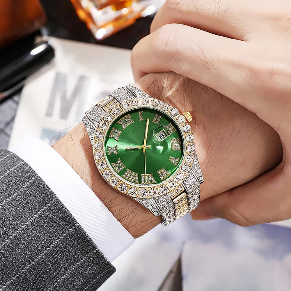 HHIOK Custom Diamond Wristwatch for Men, RGB Roman Dial Fully Iced-Out Quartz Watch, 18K Gold Plated Shockproof