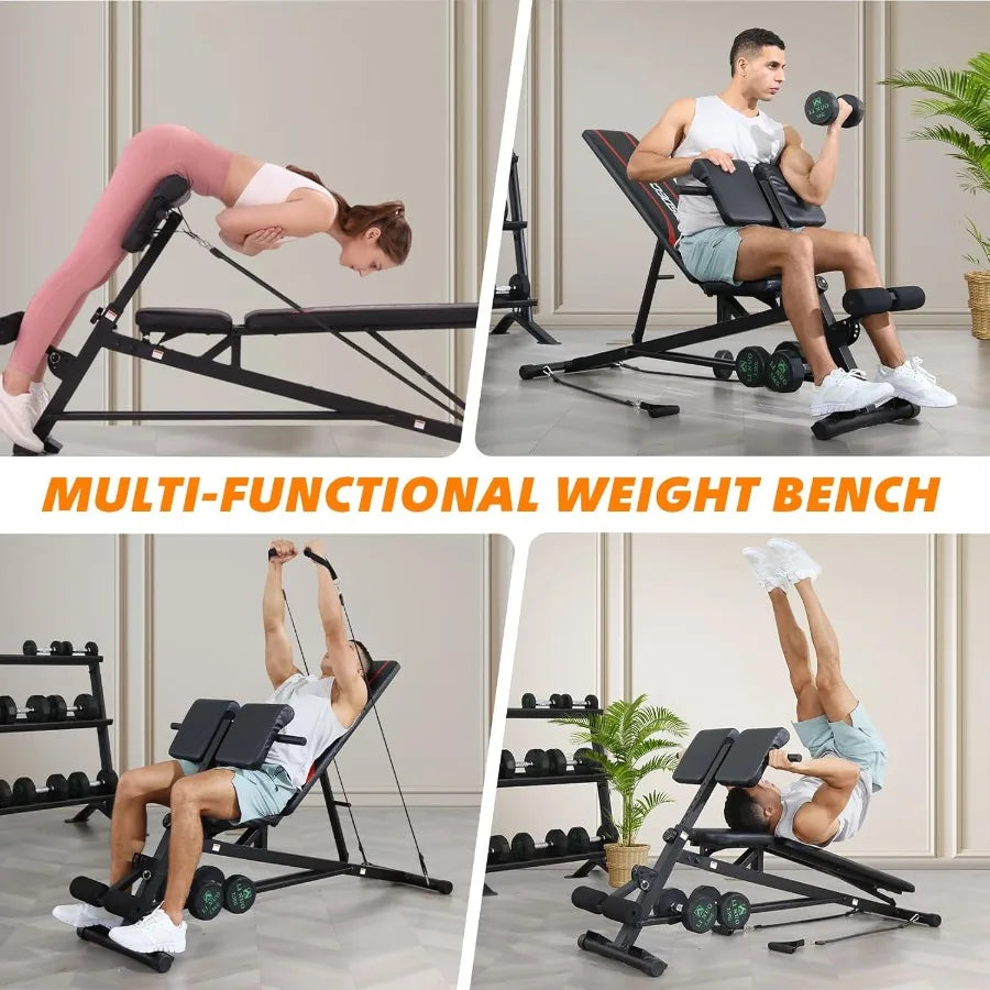 Adjustable Weight Bench with Hyper Back Extension, Preacher Curl, Roman Chair, Ab Sit up Bench for Full Body Workout, 900LBS Wor