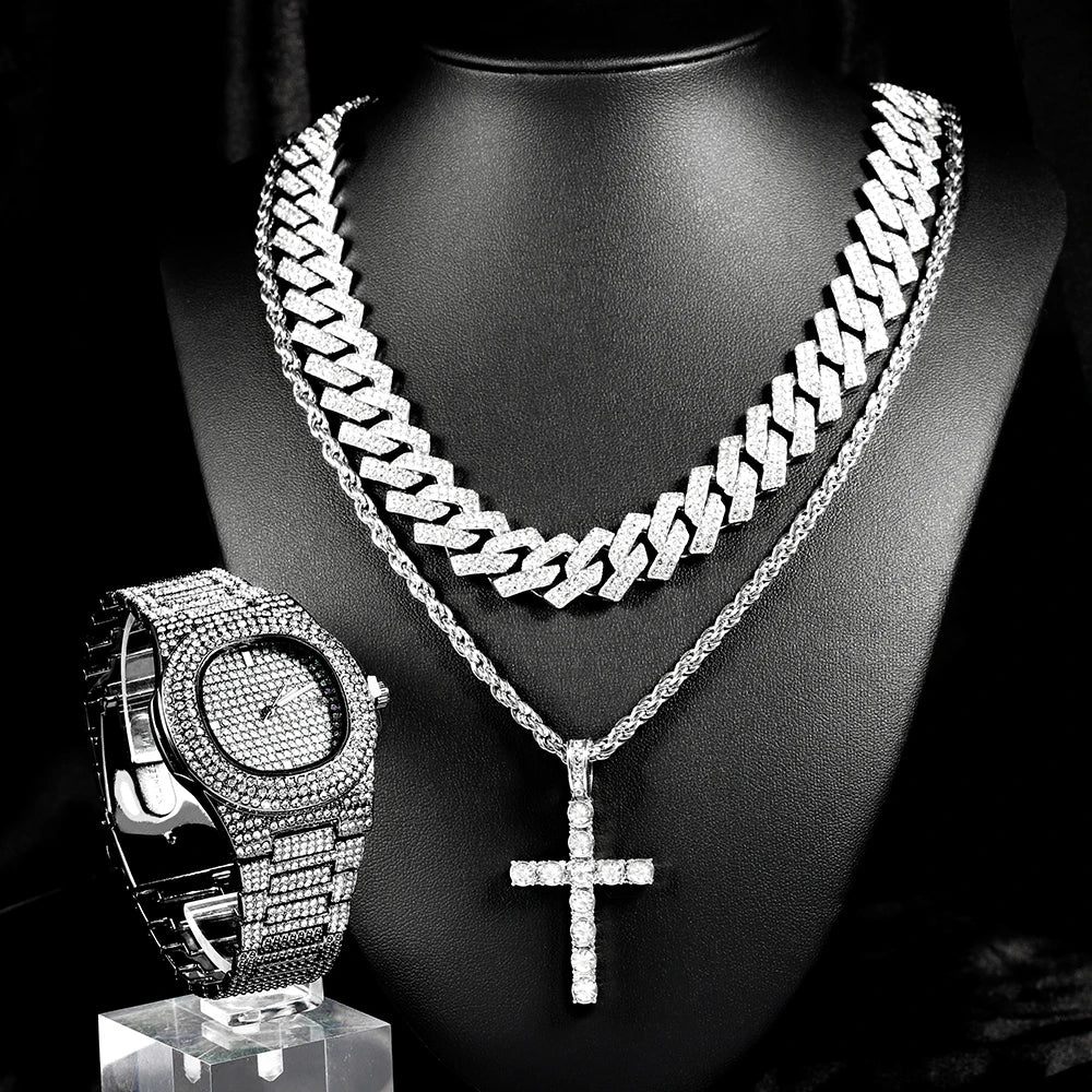 4pcs Hip-hop Jewelry Set Stylish Ice Out Inlay Diamonds Watch Punk Trend Cuban Chain Cross Necklace For Men Women Luxury Gift