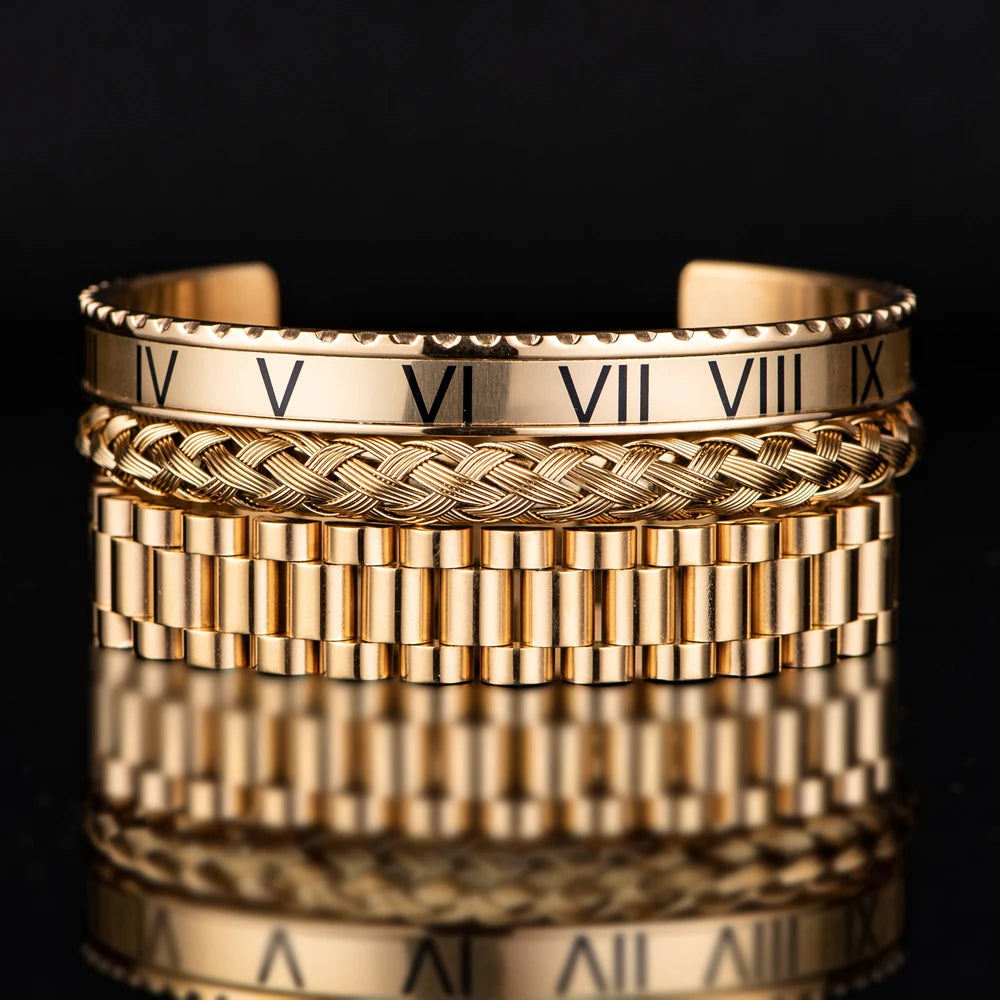 Luxury Roman Number Charm Cuff Bracelet Gold Color Chain Bracelet Stainless Steel Watch Hip Hop Men Royal Jewelry