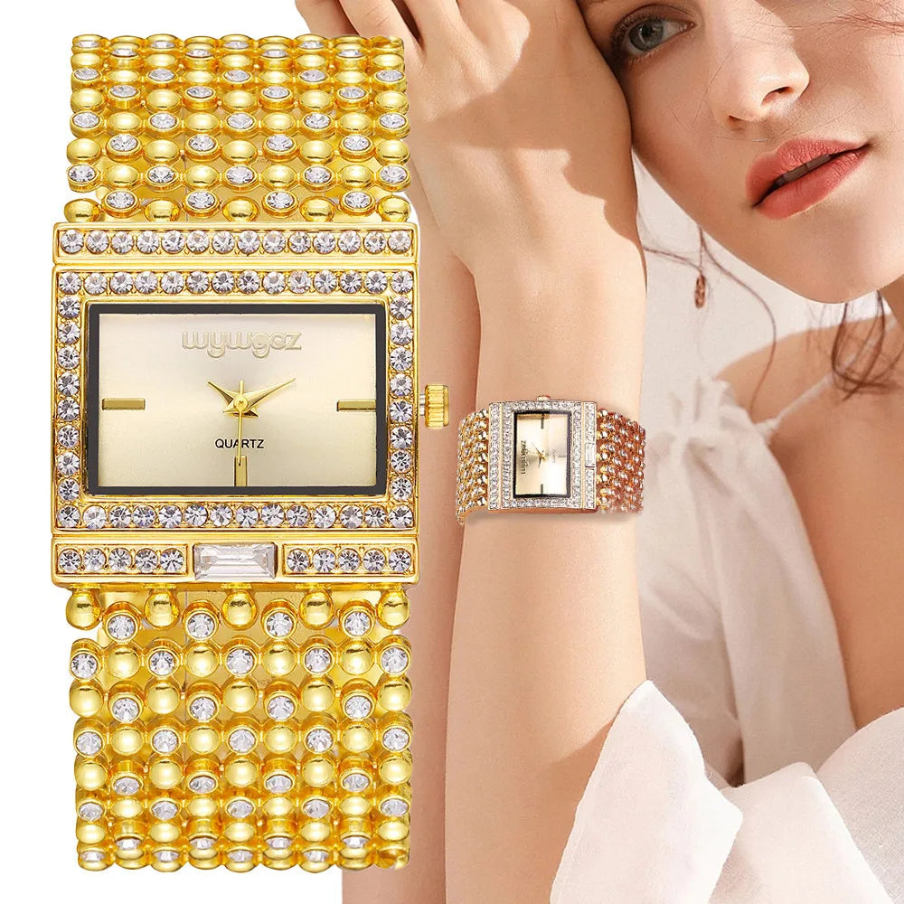 Women's Watch Brand Light Luxury Square Gold Stainless Steel Bracelet Charm and Diamond Inlaid Ladies Fashion Quartz Watches