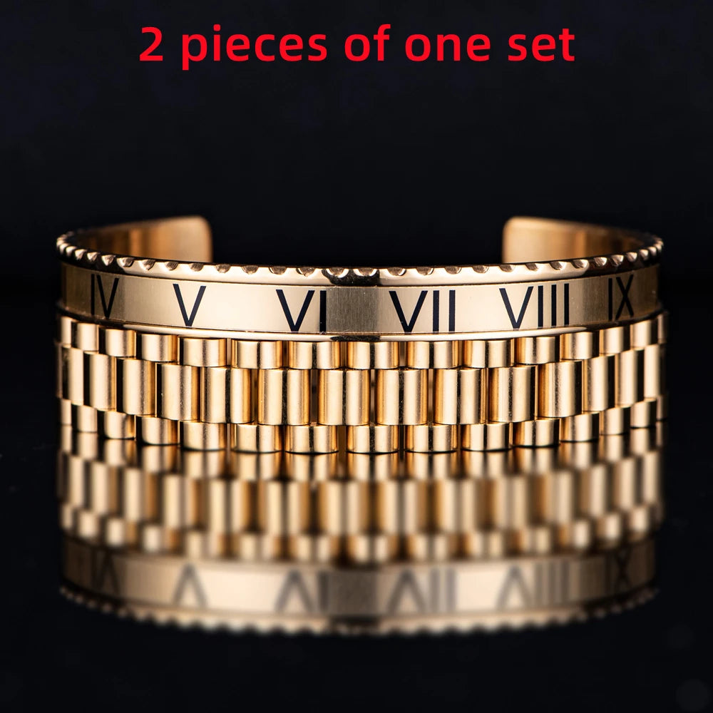Luxury Roman Number Charm Cuff Bracelet Gold Color Chain Bracelet Stainless Steel Watch Hip Hop Men Royal Jewelry