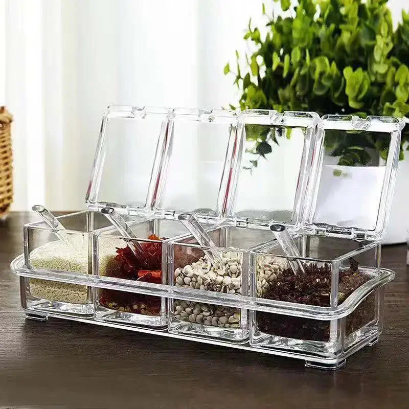 Four Compartment Transparent Seasoning Box with Spoon Lid and Storage Base, Salt, Sugar, MSG Four in One Storage Container