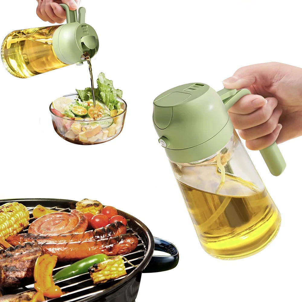 2 in 1 Olive Oil Dispenser Sprayer Glass Bottle - Food Grade Kitchen Tool for Cooking Salad BBQ Air Fryer Baking Frying Picnic