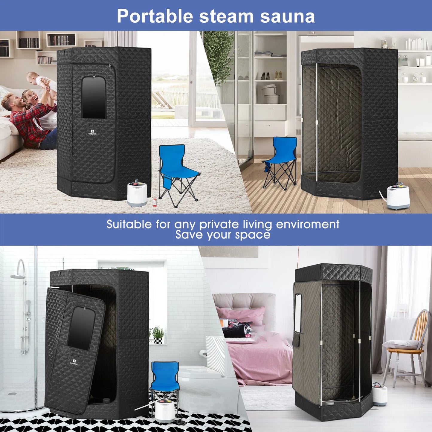 Portable 4L 1600W Full Size Steam Sauna Personal Home Spa Indoor w/ Remote,Chair