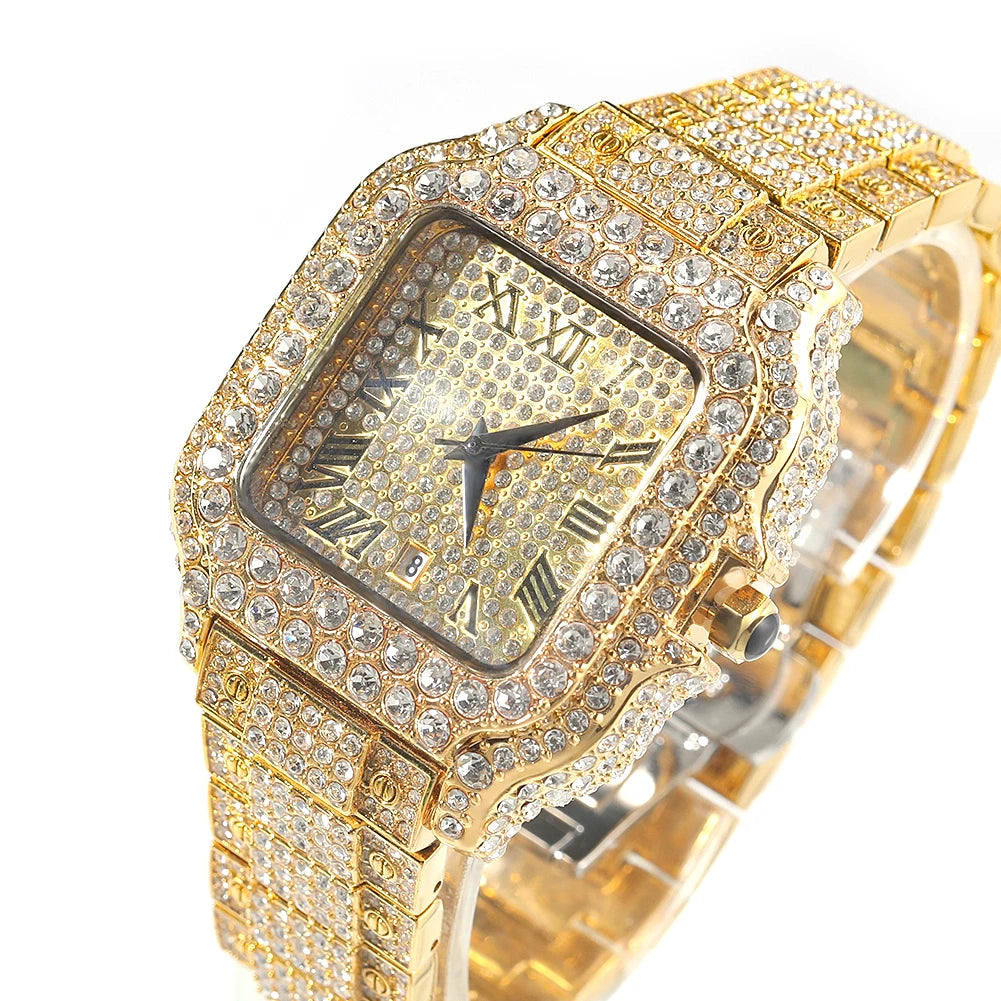 THE BLING KING Iced Out Men's Square Watches Full Micro Paved Round Cut Rhinestone Big Quartz Watches For Women Luxury Jewelry