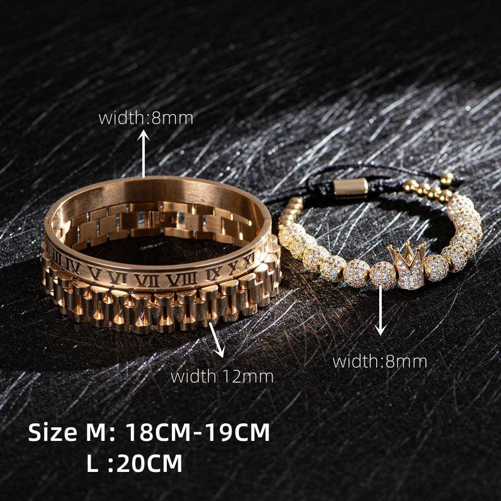 3pcs Luxury Micro Pave CZ Crown Roman Numeral Bracelet  Watch Band Stainless Steel Dudes Rollie Macrame Wristbands Men Jewelry