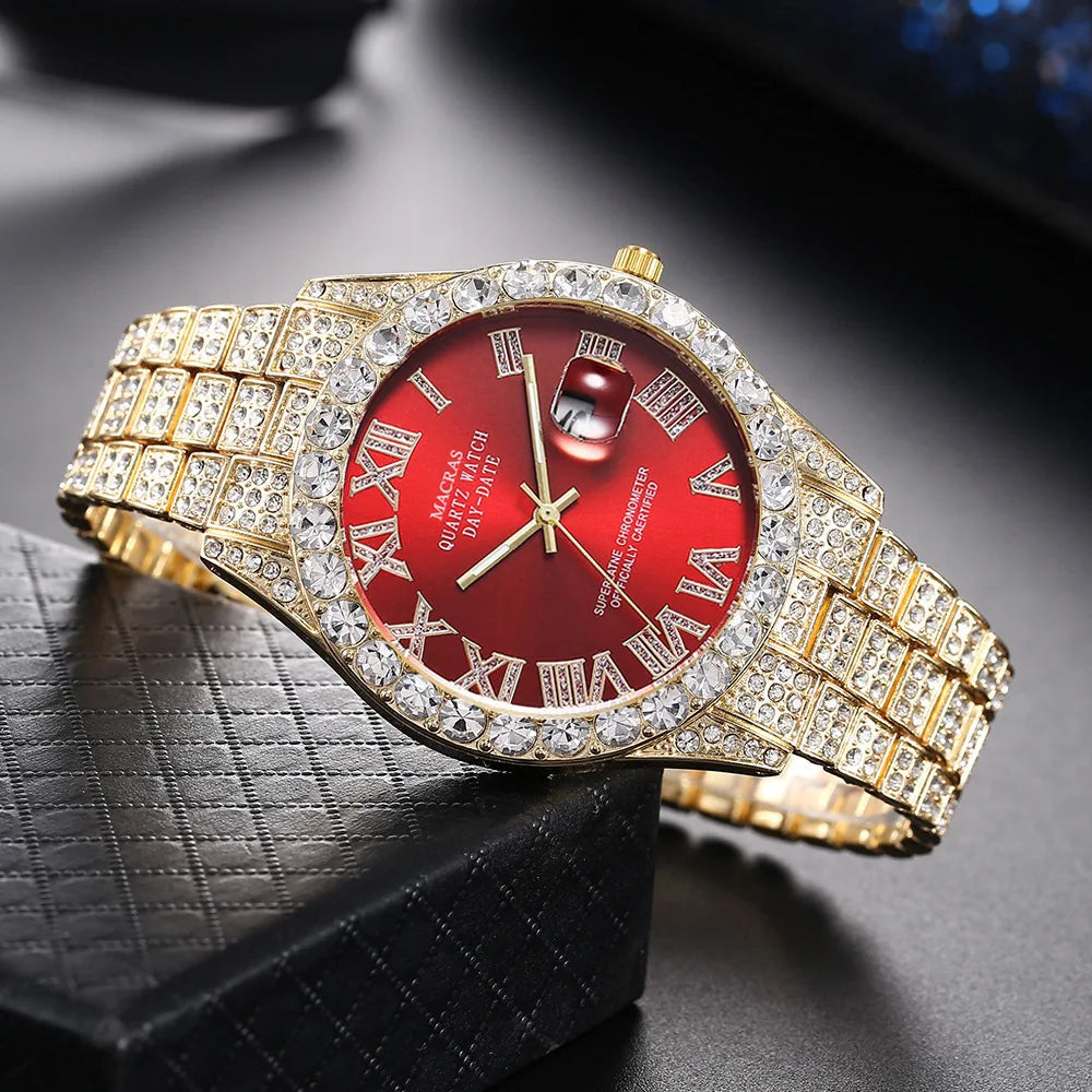 HHIOK Custom Diamond Wristwatch for Men, RGB Roman Dial Fully Iced-Out Quartz Watch, 18K Gold Plated Shockproof
