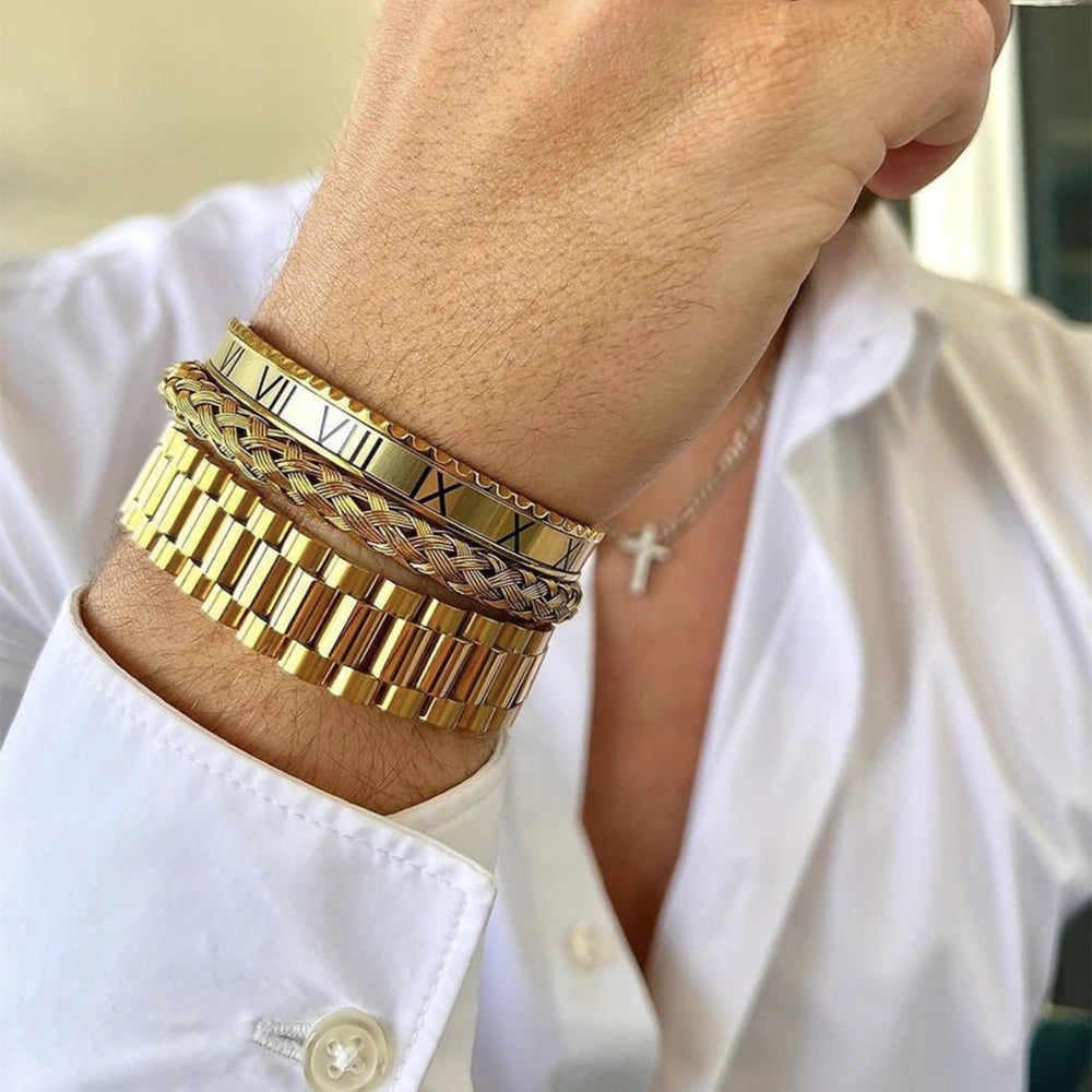 Luxury Roman Number Charm Cuff Bracelet Gold Color Chain Bracelet Stainless Steel Watch Hip Hop Men Royal Jewelry