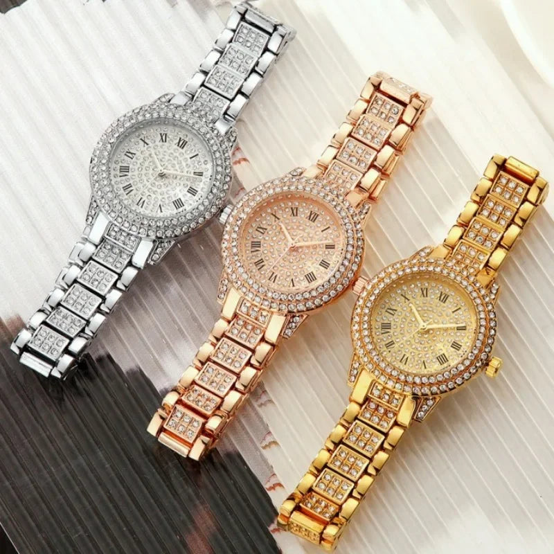 Shiny Diamond Watch Bracelets Set Women Fashion Rose Gold Quartz Watch Girls Luxury Brand Rhinestone Casual Clock Jewelry Gifts