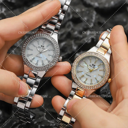 Women's Elegant Casual Goldn Watch Crystal Diamond Inlaid Watch Stainless Steel Silver Quartz Watch
