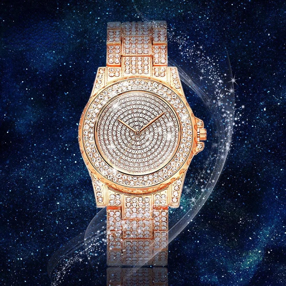 Luxury Ladies Watch Iced Out Watch with Quartz Crystal Rhinestone Diamond Watches Women Stainless Steel Wristwatch Full Diamonds
