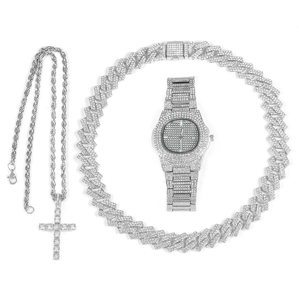 4pcs Hip-hop Jewelry Set Stylish Ice Out Inlay Diamonds Watch Punk Trend Cuban Chain Cross Necklace For Men Women Luxury Gift