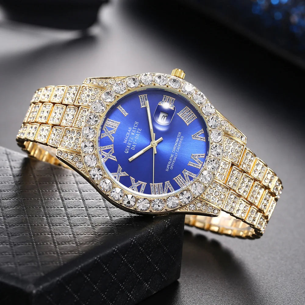 HHIOK Custom Diamond Wristwatch for Men, RGB Roman Dial Fully Iced-Out Quartz Watch, 18K Gold Plated Shockproof