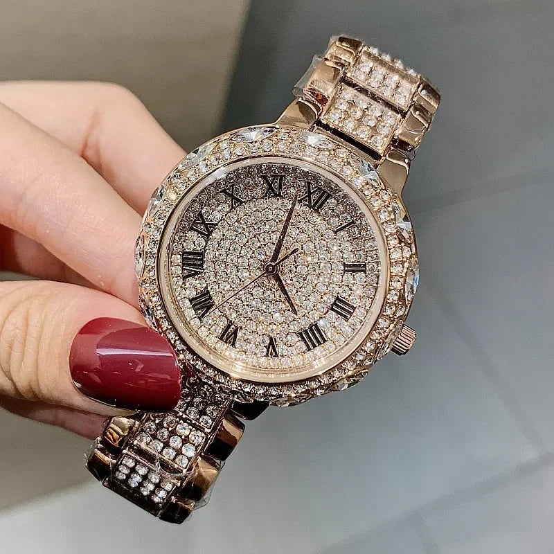 Shiny Diamond Watch Bracelets Set Women Fashion Rose Gold Quartz Watch Girls Luxury Brand Rhinestone Casual Clock Jewelry Gifts