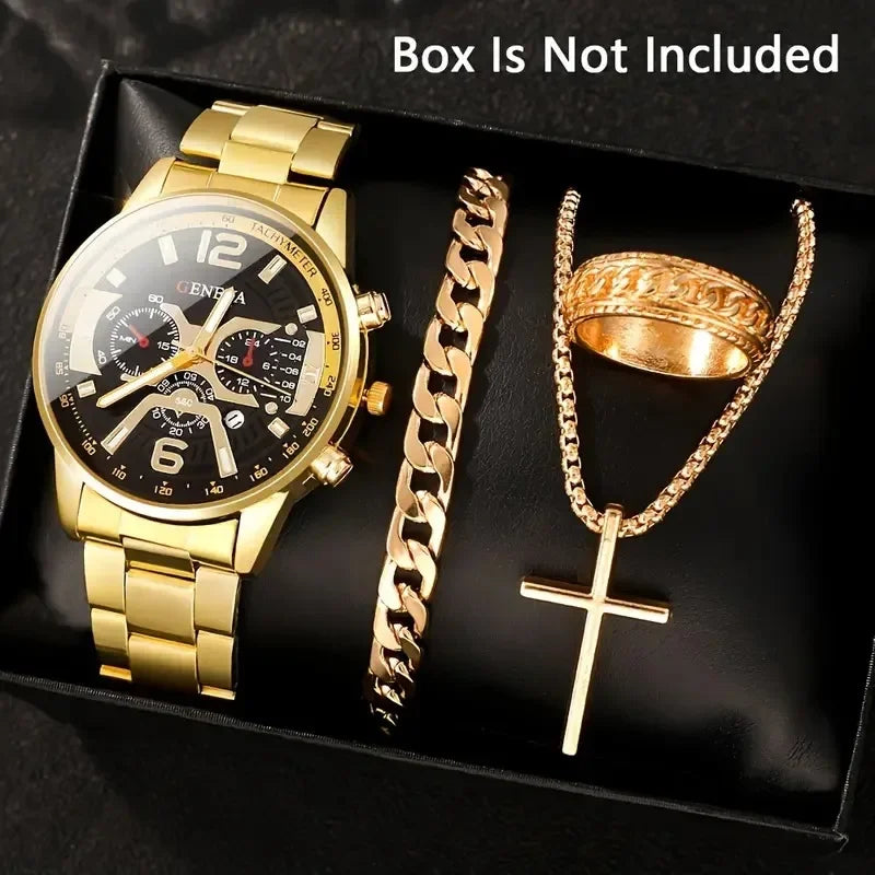 4Pcs/set Luxury Men Business Quartz Watch stainless steel Roman Calendar Wrist Watch Cross Necklace Bracelet Ring Set Men's Gift