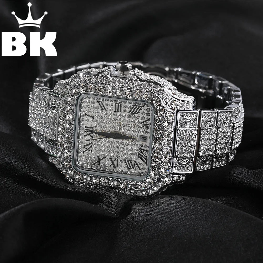 THE BLING KING Iced Out Men's Square Watches Full Micro Paved Round Cut Rhinestone Big Quartz Watches For Women Luxury Jewelry