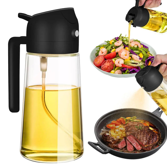 2 in 1 Olive Oil Dispenser Sprayer Glass Bottle - Food Grade Kitchen Tool for Cooking Salad BBQ Air Fryer Baking Frying Picnic