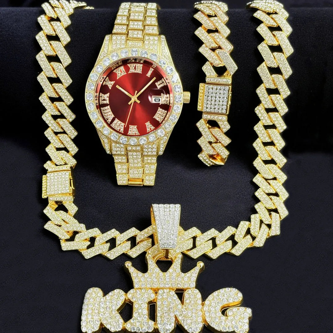 3PC Mens Iced Out Watch with Diamond Dial and Matching Iced Out Nugget Bracelet Necklace -14k Gold Tone Silver Gold Jewelry Sets