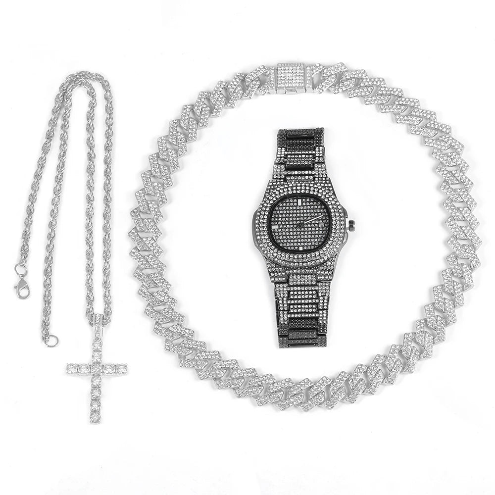 4pcs Hip-hop Jewelry Set Stylish Ice Out Inlay Diamonds Watch Punk Trend Cuban Chain Cross Necklace For Men Women Luxury Gift