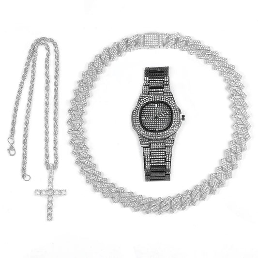 4pcs Hip-hop Jewelry Set Stylish Ice Out Inlay Diamonds Watch Punk Trend Cuban Chain Cross Necklace For Men Women Luxury Gift