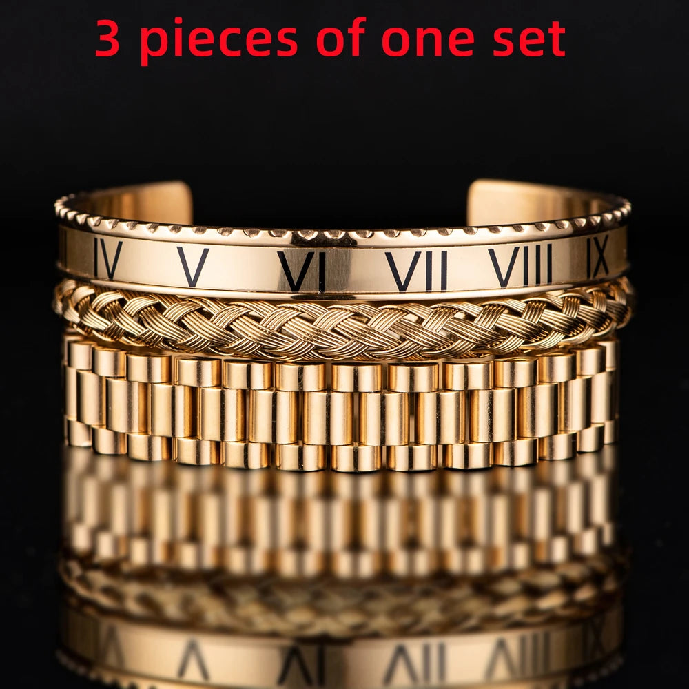 Luxury Roman Number Charm Cuff Bracelet Gold Color Chain Bracelet Stainless Steel Watch Hip Hop Men Royal Jewelry