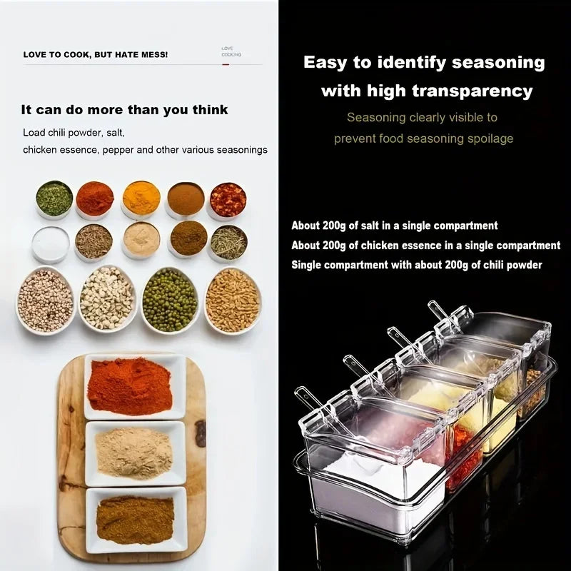 Four Compartment Transparent Seasoning Box with Spoon Lid and Storage Base, Salt, Sugar, MSG Four in One Storage Container