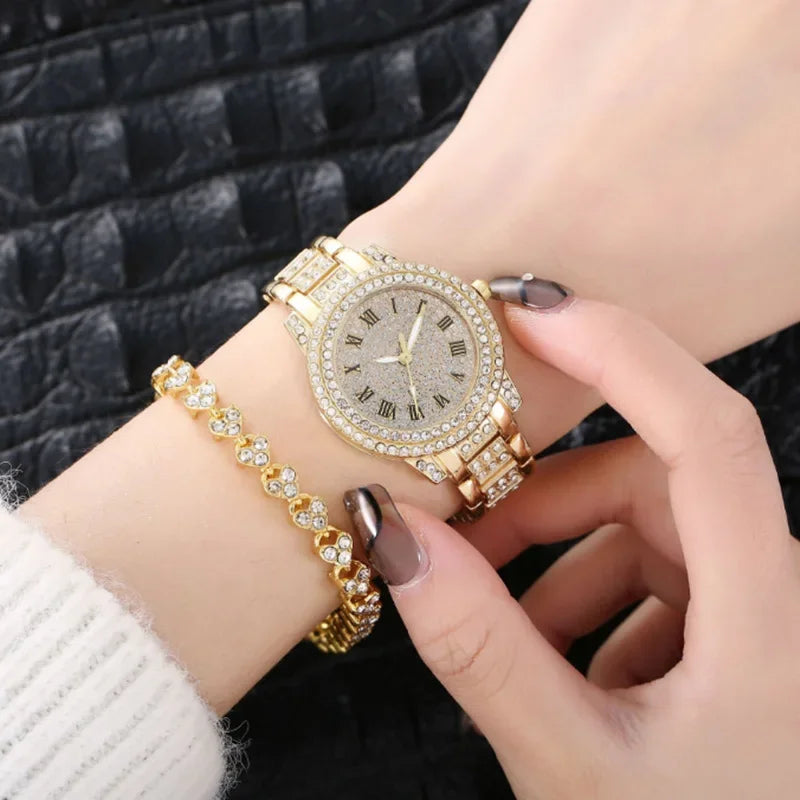 Shiny Diamond Watch Bracelets Set Women Fashion Rose Gold Quartz Watch Girls Luxury Brand Rhinestone Casual Clock Jewelry Gifts
